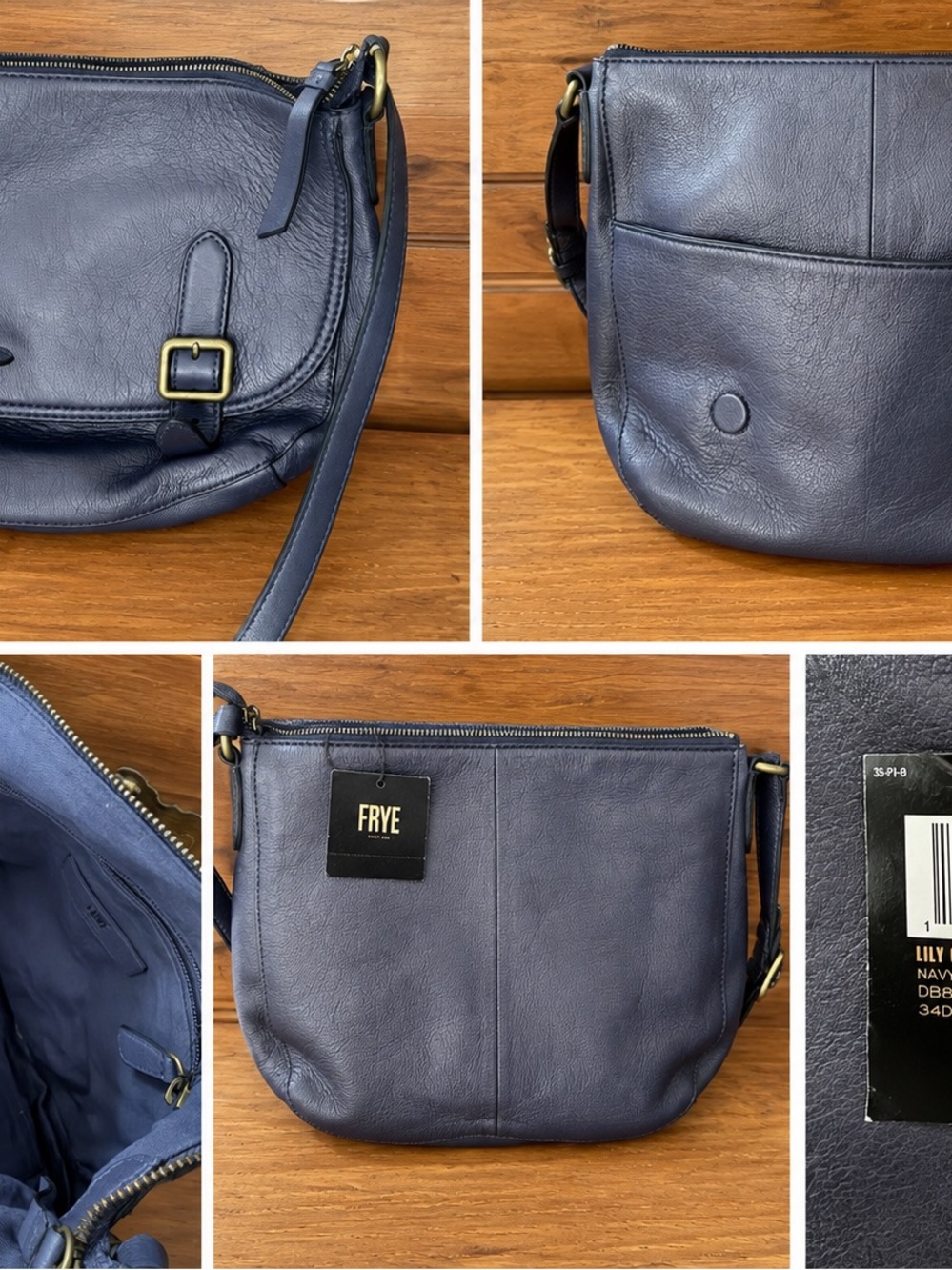 Frye Navy Leather Messenger Crossbody with Brass Buckle